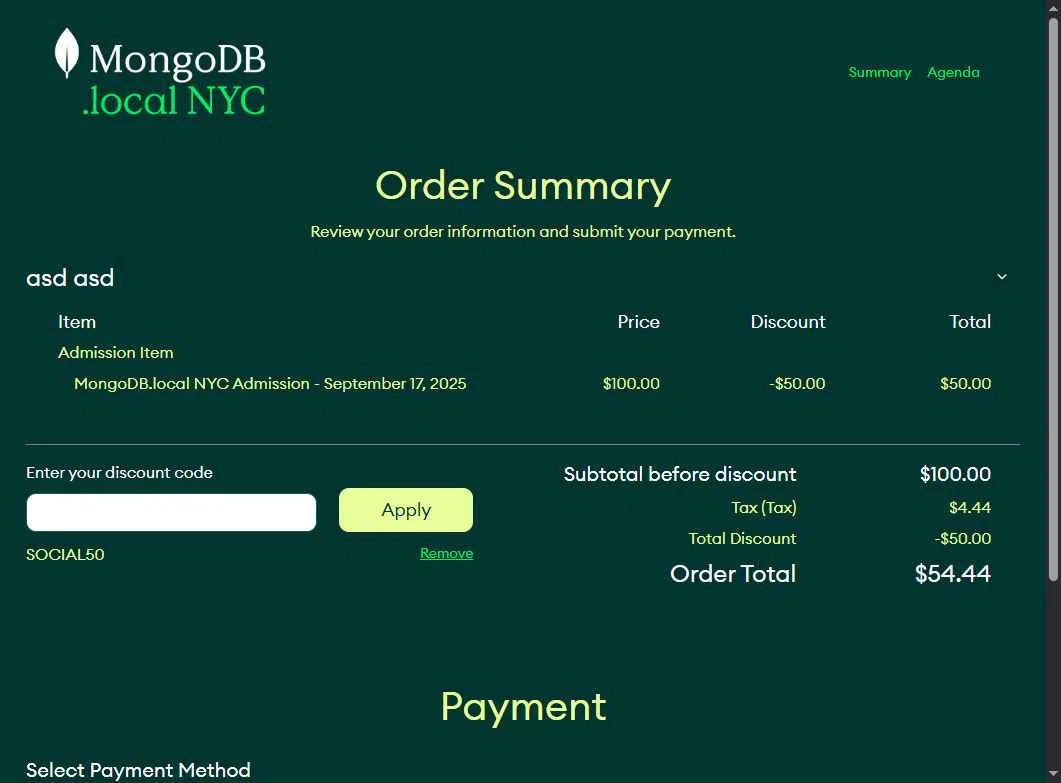 MongoDB checkout page showing MongoDB promo code box | Screenshot taken by SimplyCodes community member on Aug 9, 2025