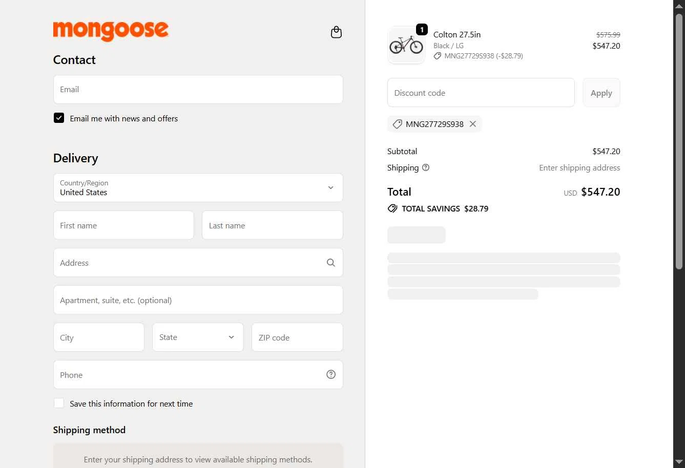 Mongoose checkout page showing Mongoose promo code box | Screenshot taken by SimplyCodes community member on Dec 9, 2025