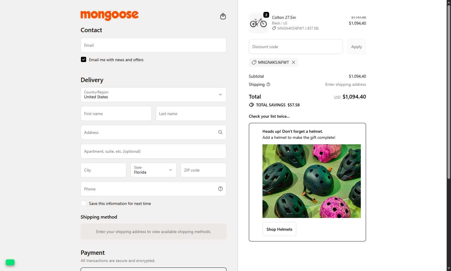 Mongoose checkout page showing Mongoose promo code box | Screenshot taken by SimplyCodes community member on Dec 9, 2025