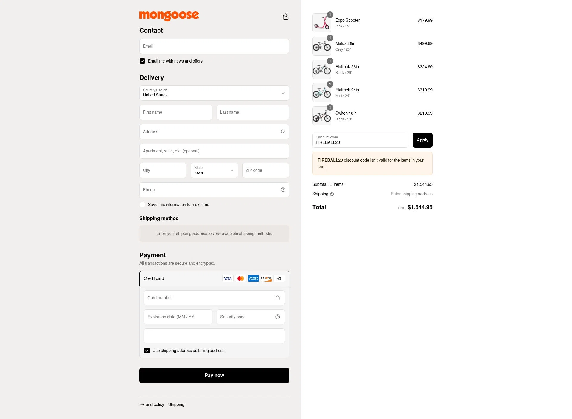 Mongoose checkout page showing Mongoose promo code box | Screenshot taken by SimplyCodes community member on Aug 3, 2025