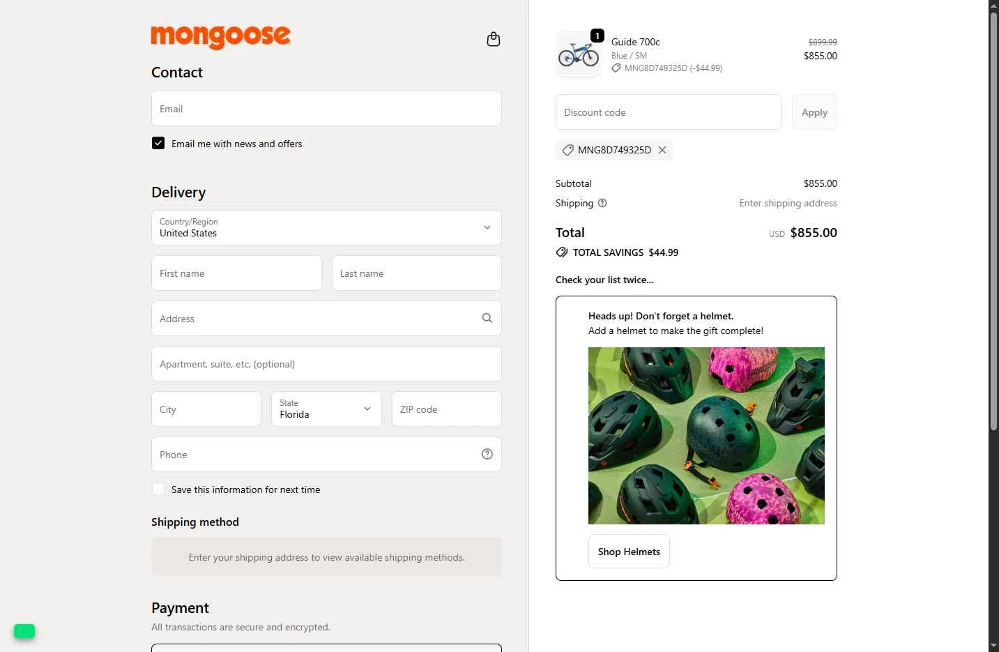 Mongoose checkout page showing Mongoose promo code box | Screenshot taken by SimplyCodes community member on Dec 9, 2025