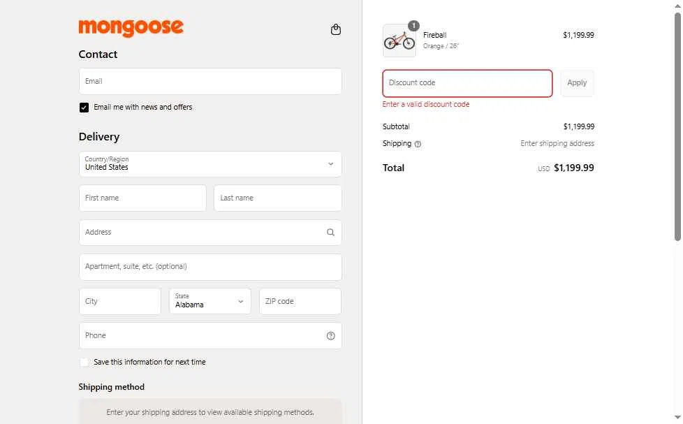 Mongoose checkout page showing Mongoose promo code box | Screenshot taken by SimplyCodes community member on Aug 8, 2025