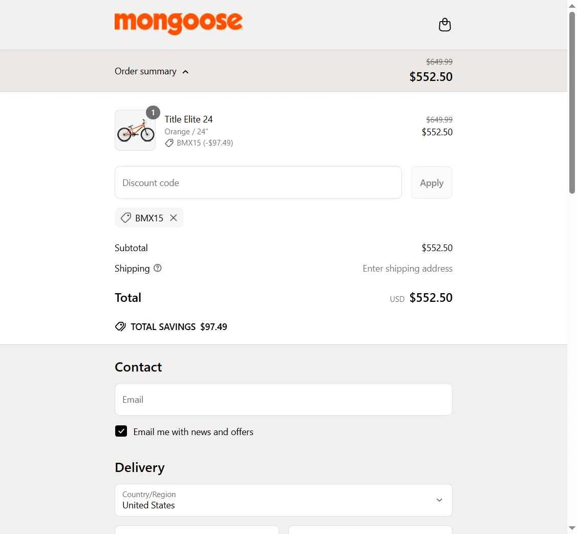 Mongoose checkout page showing Mongoose promo code box | Screenshot taken by SimplyCodes community member on Jun 6, 2025