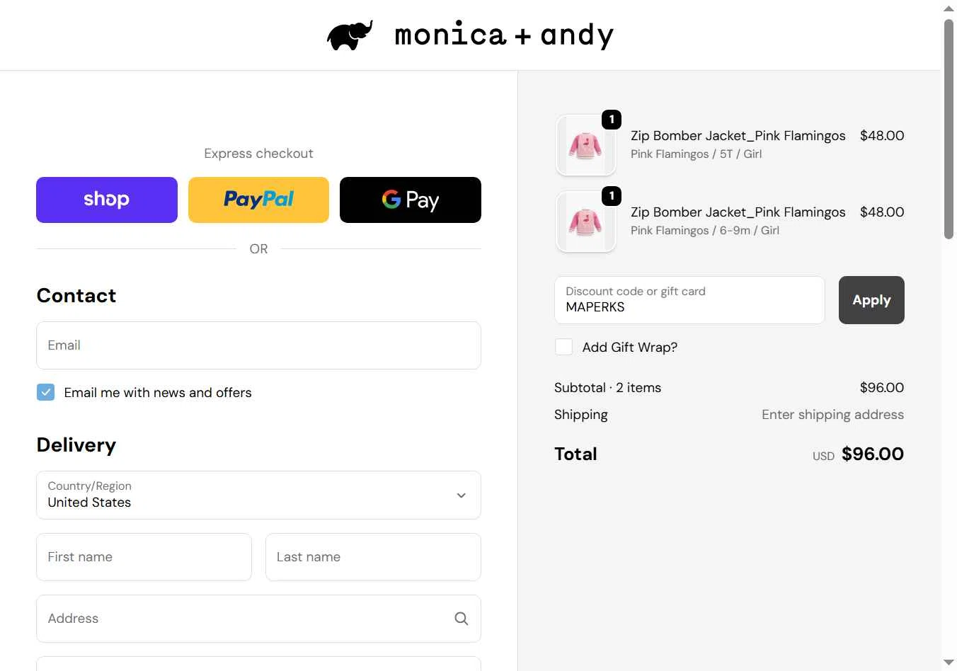 Monica + Andy checkout page showing Monica + Andy promo code box | Screenshot taken by SimplyCodes community member on Dec 29, 2025
