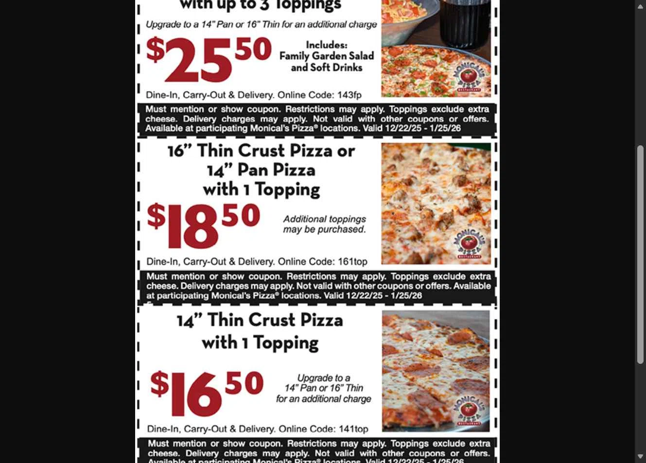 Monical's Pizza Restaurant checkout page showing Monical's Pizza Restaurant promo code box | Screenshot taken by SimplyCodes community member on Jan 16, 2026
