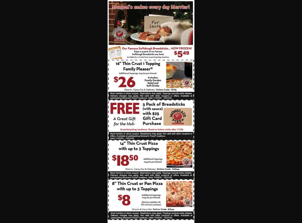 Monical's Pizza Restaurant checkout page showing Monical's Pizza Restaurant promo code box | Screenshot taken by SimplyCodes community member on Dec 18, 2025