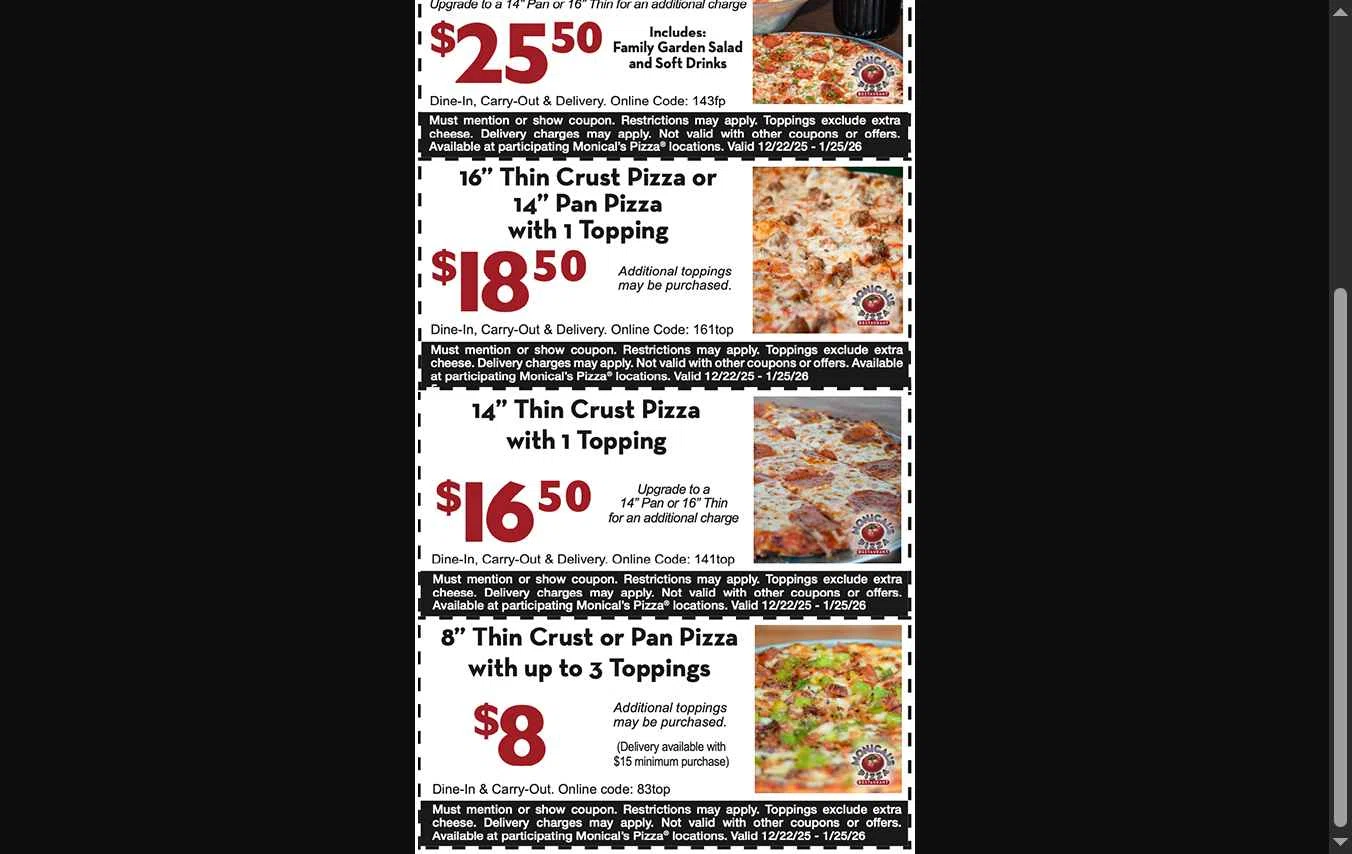 Monical's Pizza Restaurant checkout page showing Monical's Pizza Restaurant promo code box | Screenshot taken by SimplyCodes community member on Jan 16, 2026