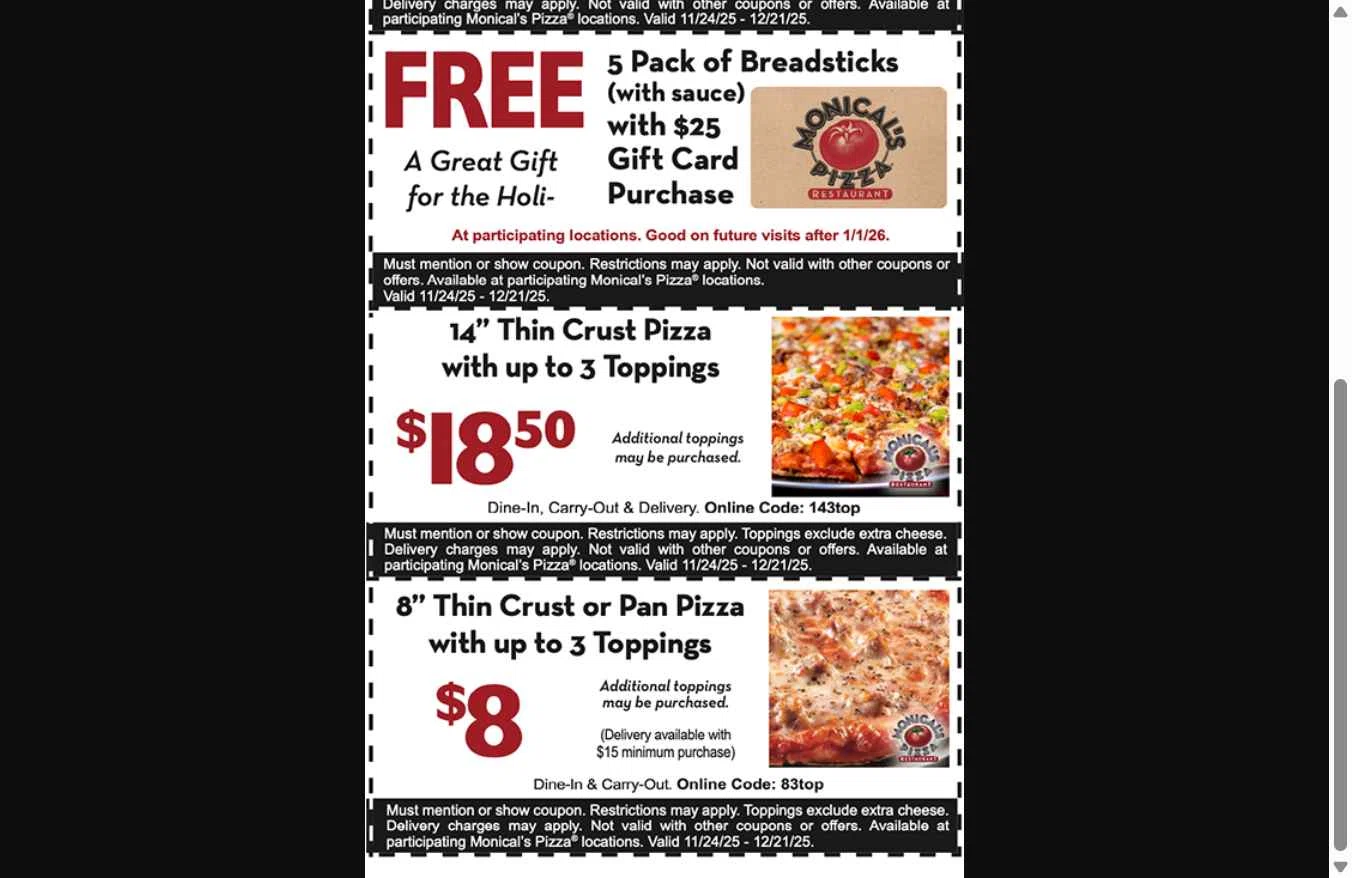 Monical's Pizza Restaurant checkout page showing Monical's Pizza Restaurant promo code box | Screenshot taken by SimplyCodes community member on Dec 18, 2025