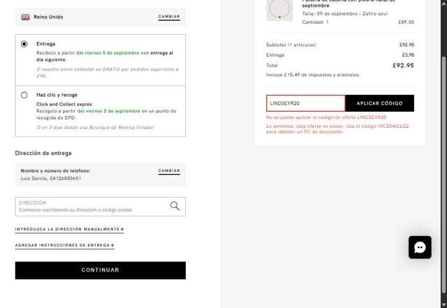 Monica Vinader checkout page showing Monica Vinader discount code box | Screenshot taken by SimplyCodes community member on Sep 3, 2025