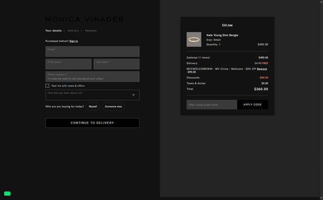 Monica Vinader checkout page showing Monica Vinader discount code box | Screenshot taken by SimplyCodes community member on Sep 4, 2025