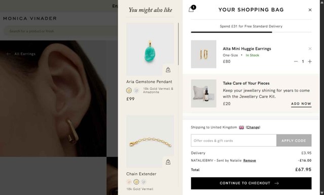 Monica Vinader checkout page showing Monica Vinader discount code box | Screenshot taken by SimplyCodes community member on Aug 16, 2025