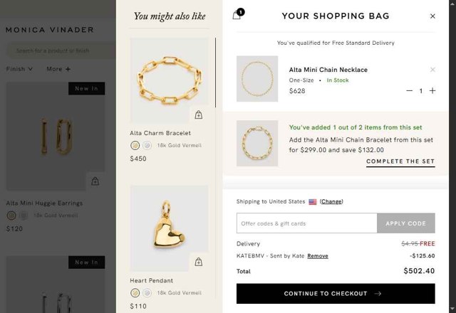 Monica Vinader checkout page showing Monica Vinader discount code box | Screenshot taken by SimplyCodes community member on Aug 24, 2025