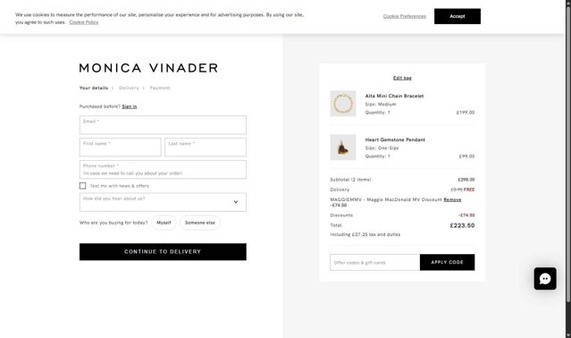 Monica Vinader checkout page showing Monica Vinader discount code box | Screenshot taken by SimplyCodes community member on Aug 20, 2025