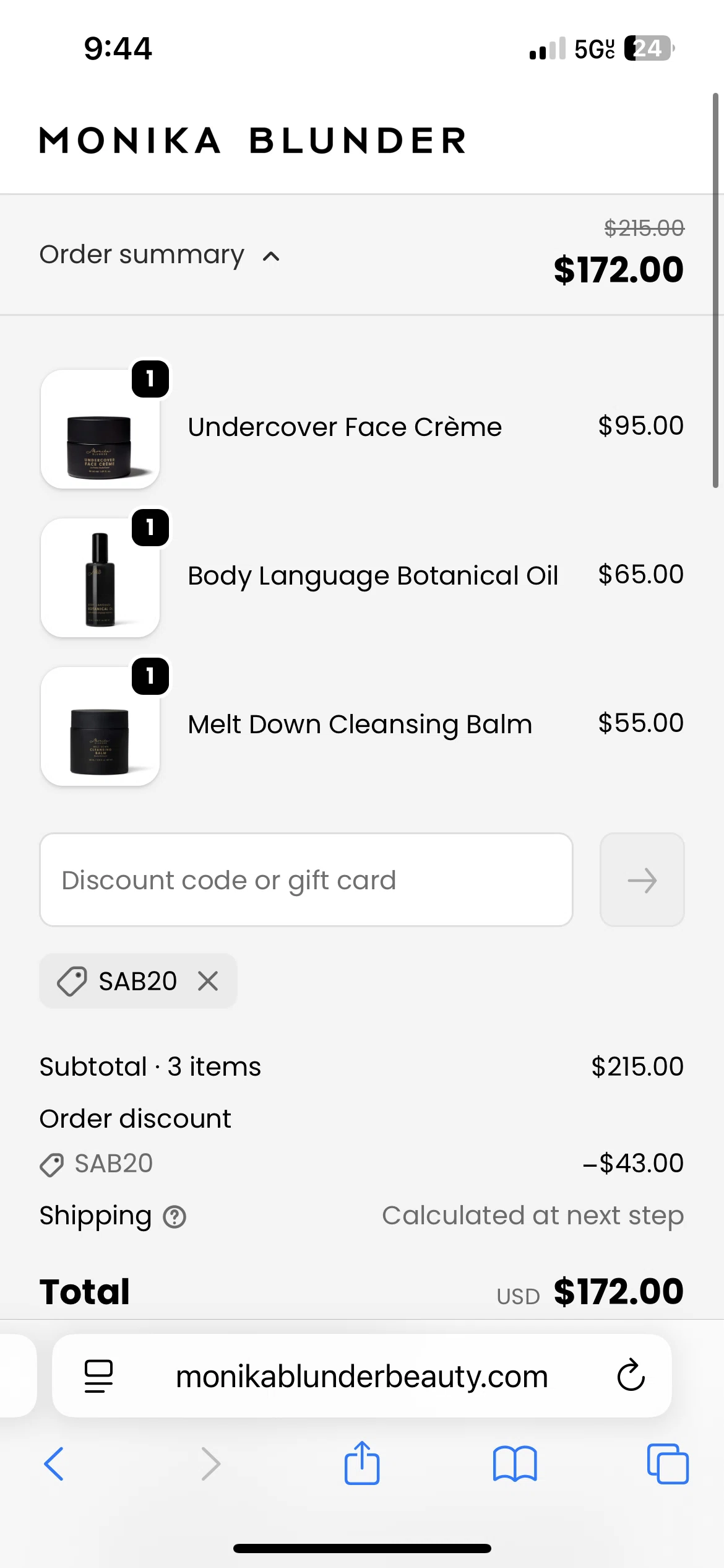 Monika Blunder Beauty promo code screenshot showing code SAB20 applied at Monika Blunder Beauty checkout page. Uploaded by SimplyCodes community member TreasureGenius2604 on Nov 4, 2025