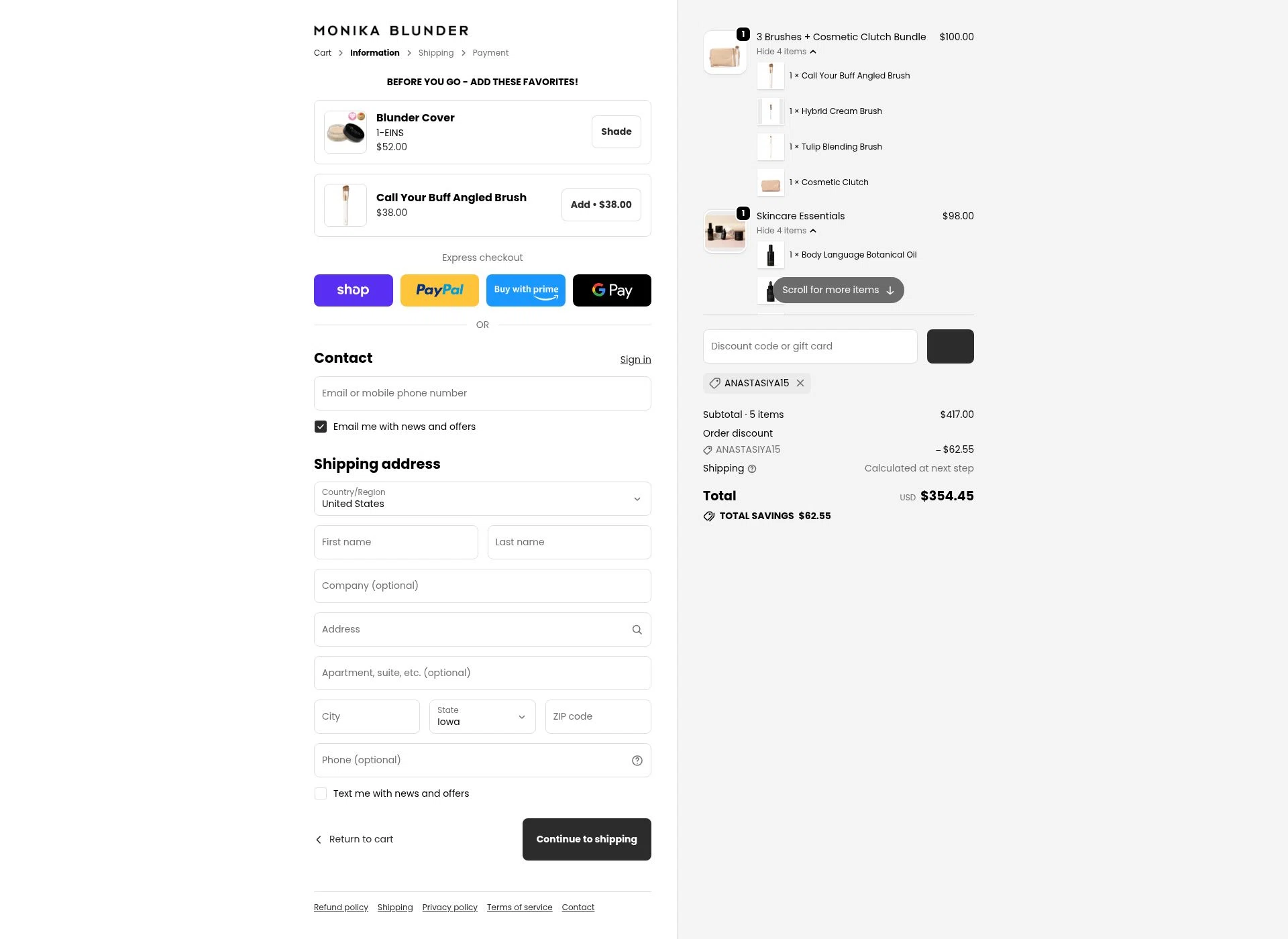 Monika Blunder Beauty checkout page showing Monika Blunder Beauty promo code box | Screenshot taken by SimplyCodes community member on Feb 15, 2026