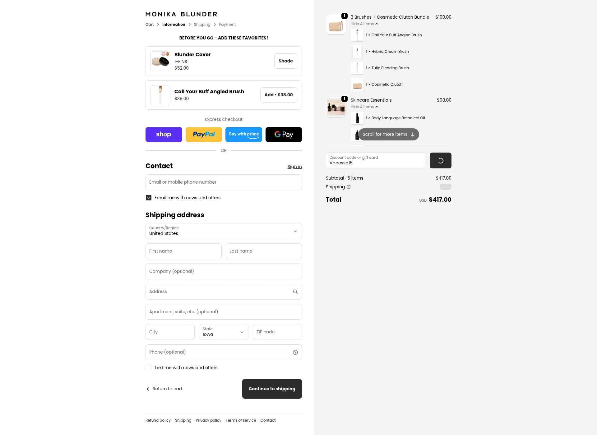 Monika Blunder Beauty checkout page showing Monika Blunder Beauty promo code box | Screenshot taken by SimplyCodes community member on Feb 15, 2026