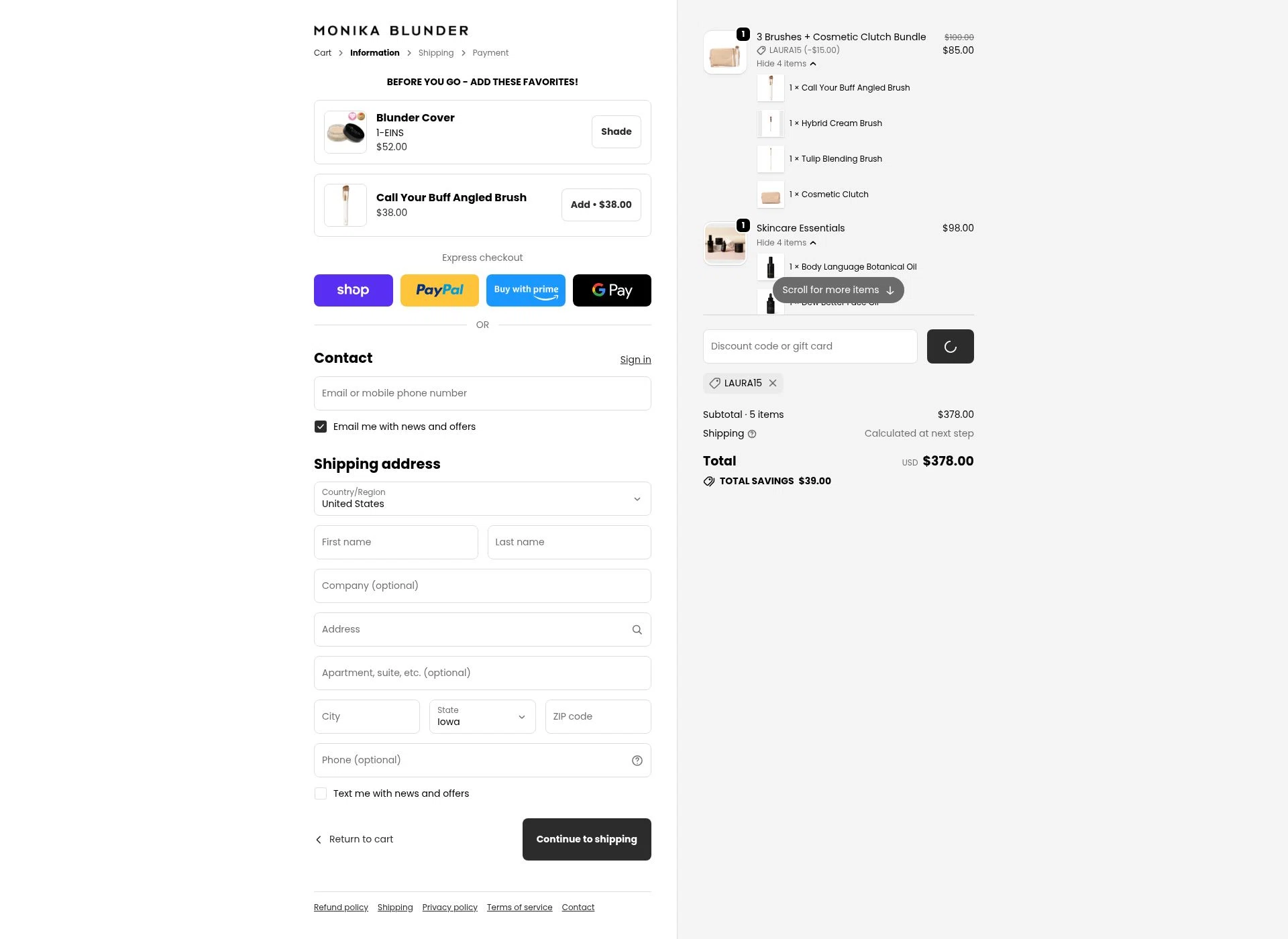 Monika Blunder Beauty checkout page showing Monika Blunder Beauty promo code box | Screenshot taken by SimplyCodes community member on Feb 15, 2026