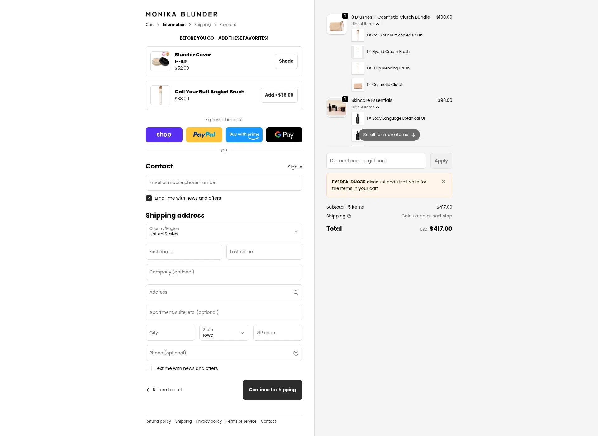 Monika Blunder Beauty checkout page showing Monika Blunder Beauty promo code box | Screenshot taken by SimplyCodes community member on Feb 15, 2026
