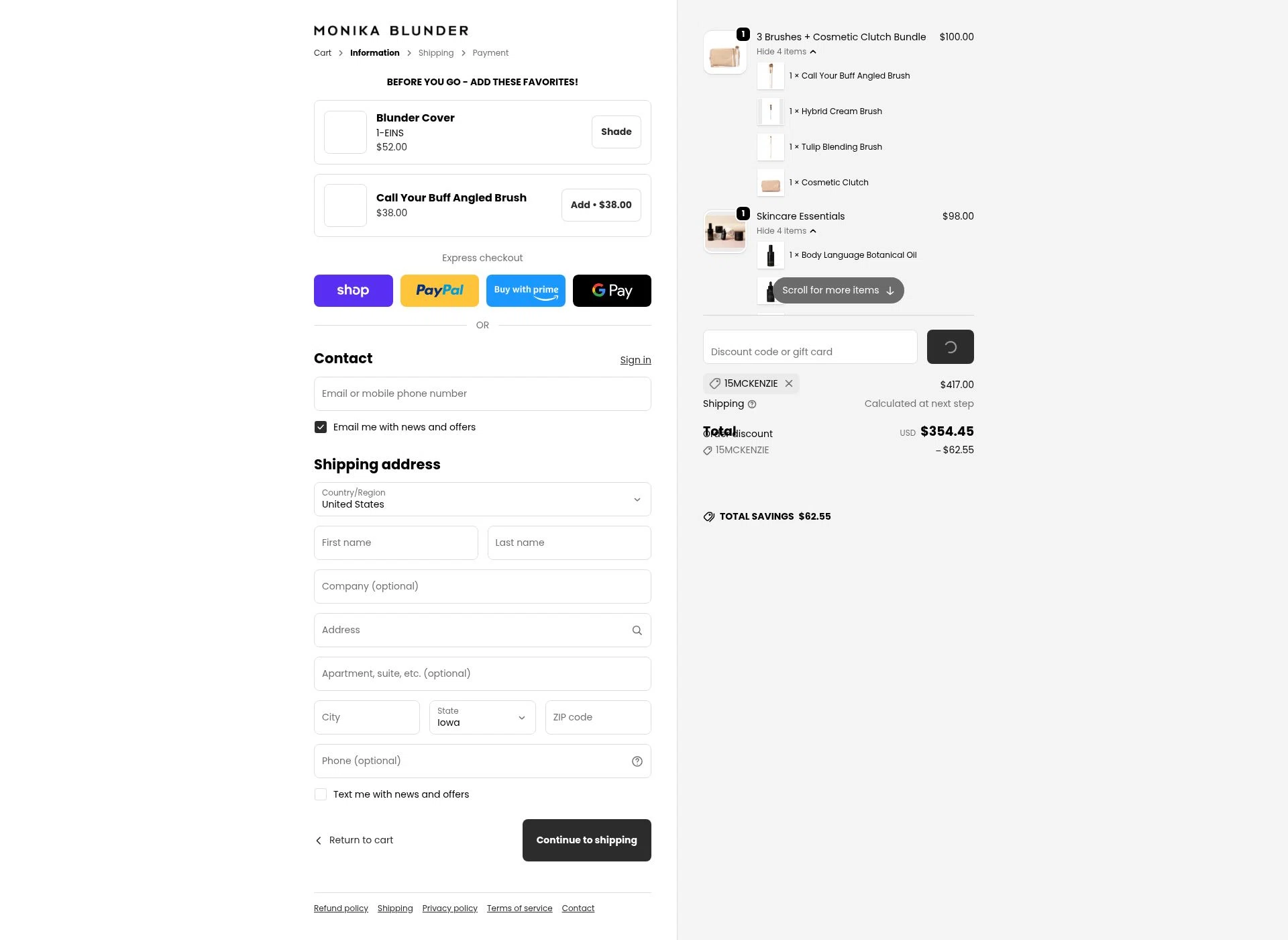 Monika Blunder Beauty checkout page showing Monika Blunder Beauty promo code box | Screenshot taken by SimplyCodes community member on Feb 15, 2026