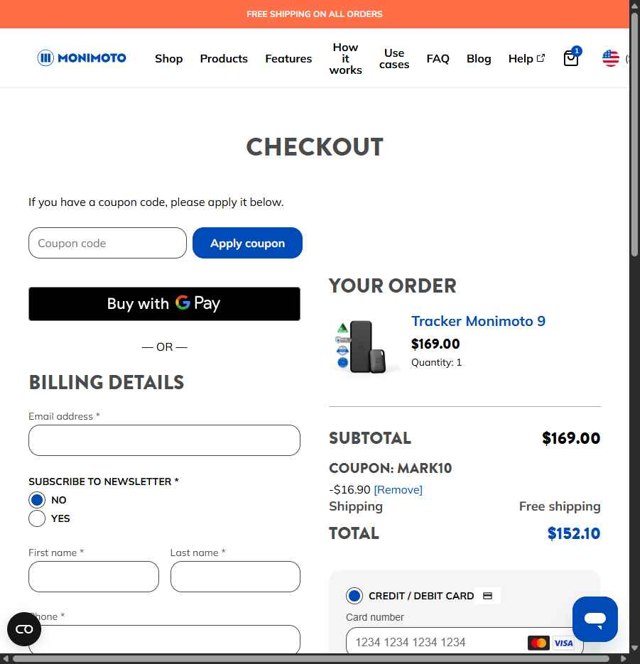 Monimoto checkout page showing Monimoto discount code box | Screenshot taken by SimplyCodes community member on Jul 10, 2025