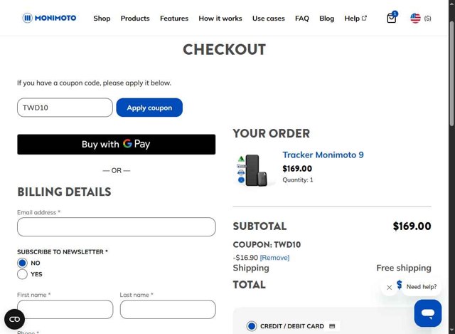 Monimoto checkout page showing Monimoto discount code box | Screenshot taken by SimplyCodes community member on Jul 10, 2025