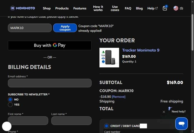 Monimoto checkout page showing Monimoto discount code box | Screenshot taken by SimplyCodes community member on Jul 10, 2025