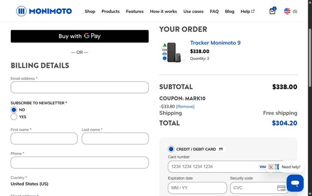 Monimoto checkout page showing Monimoto discount code box | Screenshot taken by SimplyCodes community member on Jul 10, 2025