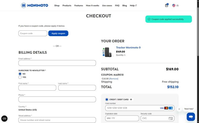 Monimoto checkout page showing Monimoto discount code box | Screenshot taken by SimplyCodes community member on Jul 29, 2025