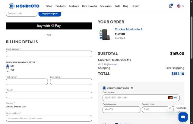 Monimoto checkout page showing Monimoto discount code box | Screenshot taken by SimplyCodes community member on Aug 10, 2025