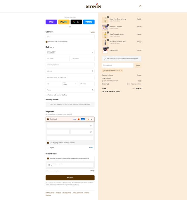 Monin checkout page showing Monin discount code box | Screenshot taken by SimplyCodes community member on Sep 6, 2025
