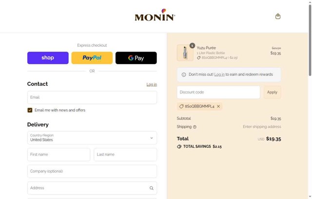 Monin checkout page showing Monin discount code box | Screenshot taken by SimplyCodes community member on Aug 31, 2025