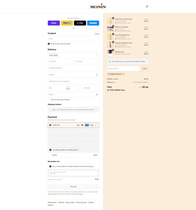 Monin checkout page showing Monin discount code box | Screenshot taken by SimplyCodes community member on Aug 30, 2025