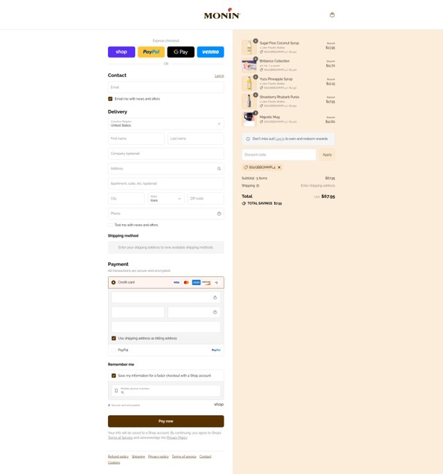 Monin checkout page showing Monin discount code box | Screenshot taken by SimplyCodes community member on Aug 30, 2025