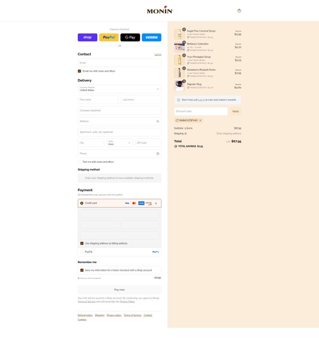 Monin checkout page showing Monin discount code box | Screenshot taken by SimplyCodes community member on Sep 3, 2025
