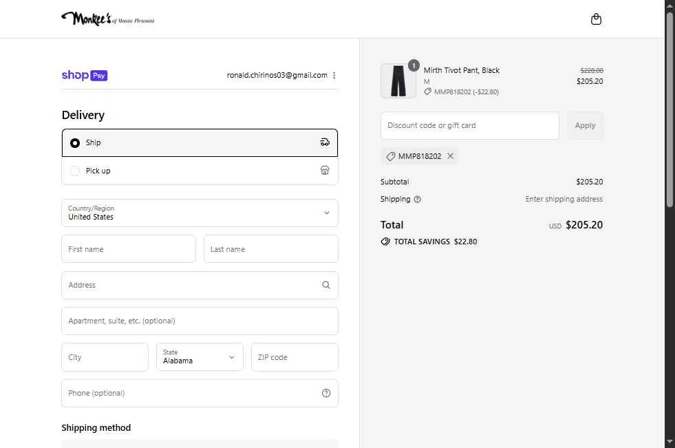 Monkee's of Mount Pleasant checkout page showing Monkee's of Mount Pleasant promo code box | Screenshot taken by SimplyCodes community member on Aug 28, 2025