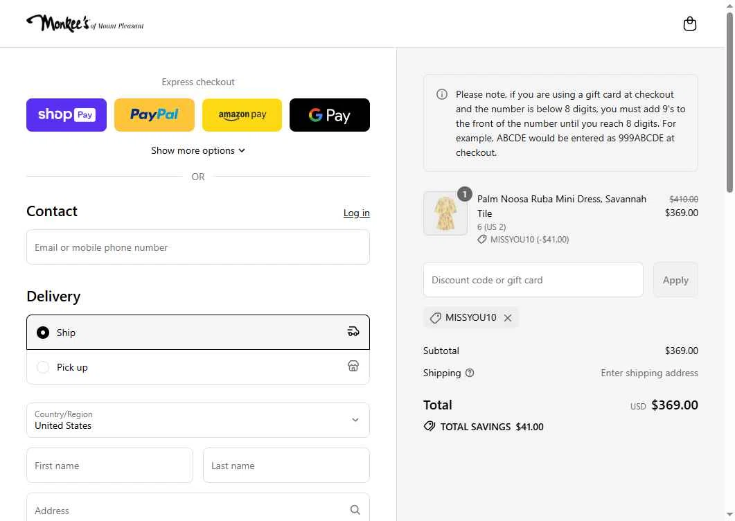 Monkee's of Mount Pleasant checkout page showing Monkee's of Mount Pleasant promo code box | Screenshot taken by SimplyCodes community member on Aug 28, 2025