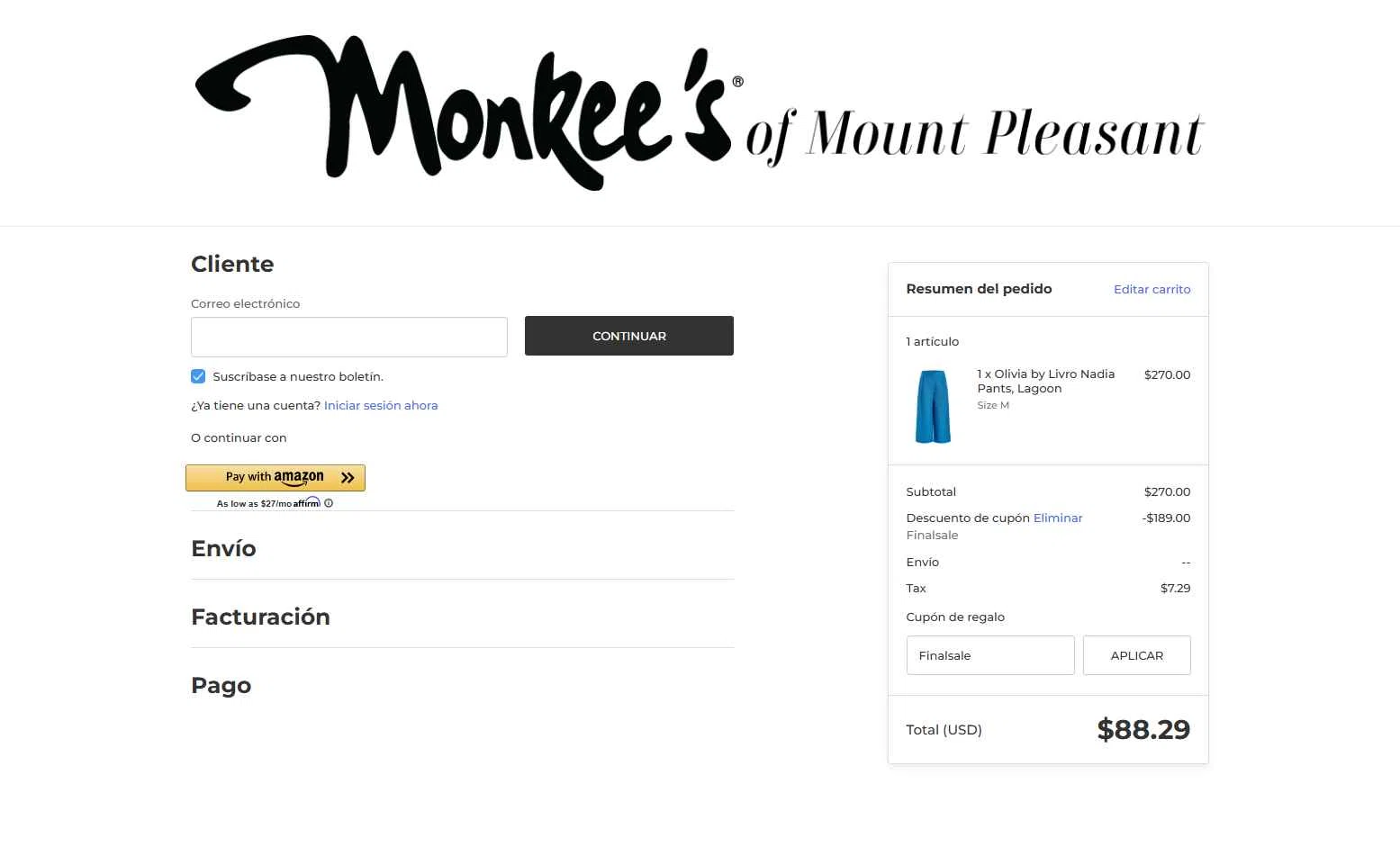 Monkee's of Mount Pleasant checkout page showing Monkee's of Mount Pleasant promo code box | Screenshot taken by SimplyCodes community member on Jul 4, 2025