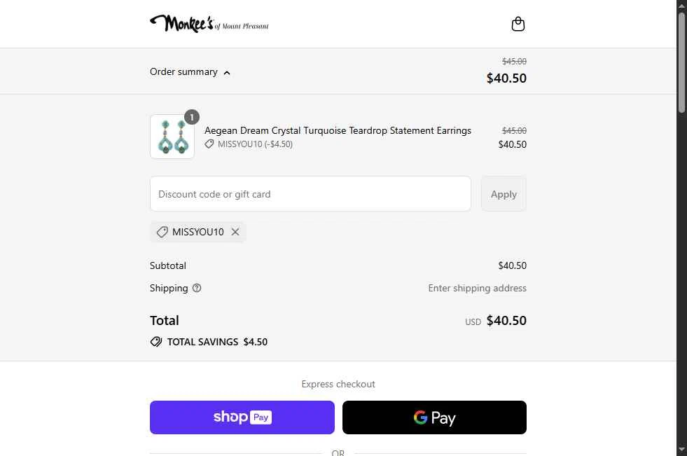 Monkee's of Mount Pleasant checkout page showing Monkee's of Mount Pleasant promo code box | Screenshot taken by SimplyCodes community member on Aug 4, 2025