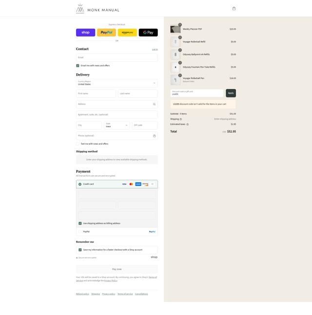 Monk Manual checkout page showing Monk Manual discount code box | Screenshot taken by SimplyCodes community member on Sep 6, 2025