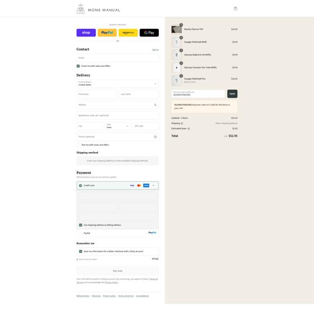 Monk Manual checkout page showing Monk Manual discount code box | Screenshot taken by SimplyCodes community member on Sep 10, 2025