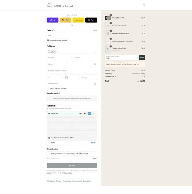 Monk Manual checkout page showing Monk Manual discount code box | Screenshot taken by SimplyCodes community member on Sep 10, 2025