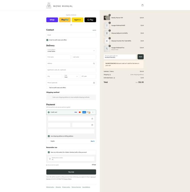 Monk Manual checkout page showing Monk Manual discount code box | Screenshot taken by SimplyCodes community member on Sep 6, 2025