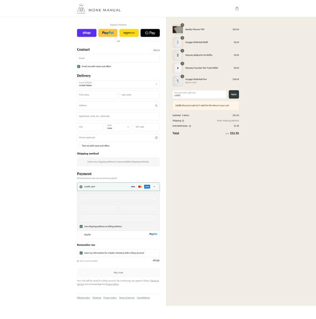 Monk Manual checkout page showing Monk Manual discount code box | Screenshot taken by SimplyCodes community member on Sep 14, 2025