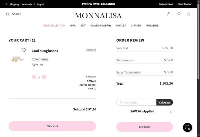 Monnalisa checkout page showing Monnalisa promo code box | Screenshot taken by SimplyCodes community member on Jun 3, 2025
