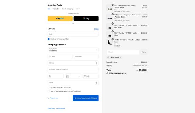 Monnier Paris checkout page showing Monnier Paris discount code box | Screenshot taken by SimplyCodes community member on Sep 14, 2025