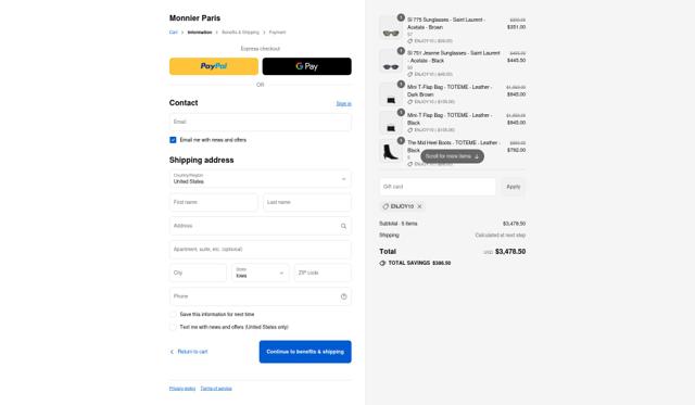 Monnier Paris checkout page showing Monnier Paris discount code box | Screenshot taken by SimplyCodes community member on Sep 10, 2025