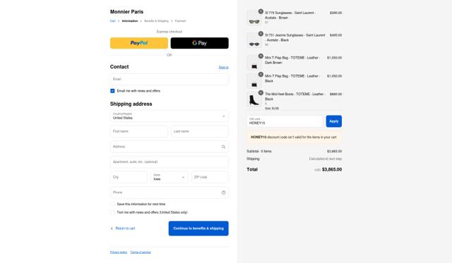 Monnier Paris checkout page showing Monnier Paris discount code box | Screenshot taken by SimplyCodes community member on Sep 10, 2025