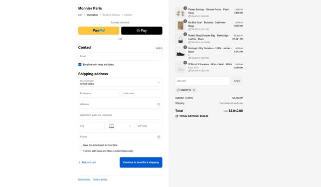 Monnier Paris checkout page showing Monnier Paris discount code box | Screenshot taken by SimplyCodes community member on Sep 6, 2025