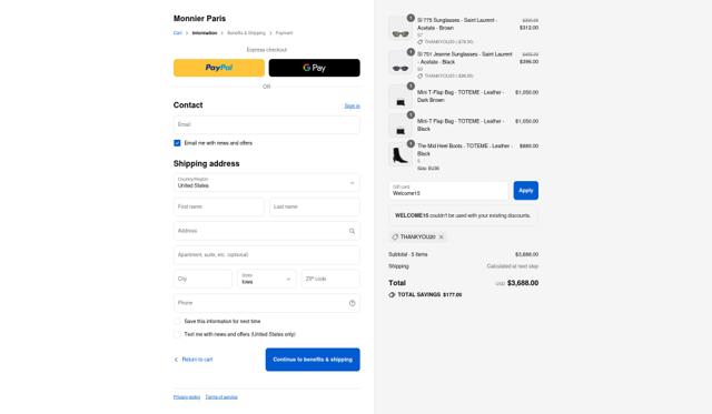 Monnier Paris checkout page showing Monnier Paris discount code box | Screenshot taken by SimplyCodes community member on Sep 10, 2025