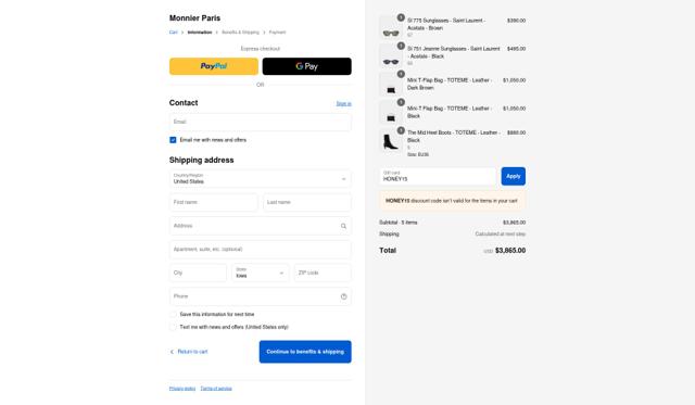 Monnier Paris checkout page showing Monnier Paris discount code box | Screenshot taken by SimplyCodes community member on Sep 14, 2025